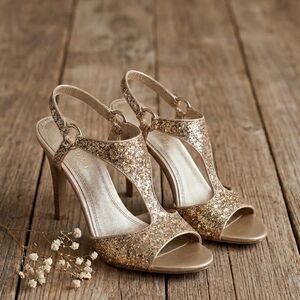 Ellen Tracy Metallic Gold Glitter T-Strap Evening Heels Sparkly Size 7